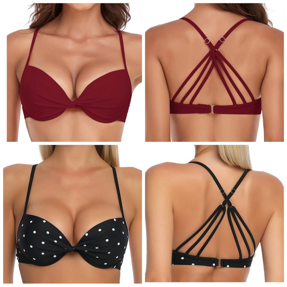•RELLECIGA• 2 Push Up Twist Front Underwire‎ Bikini Tops Wine Red & Polka Dot XL
